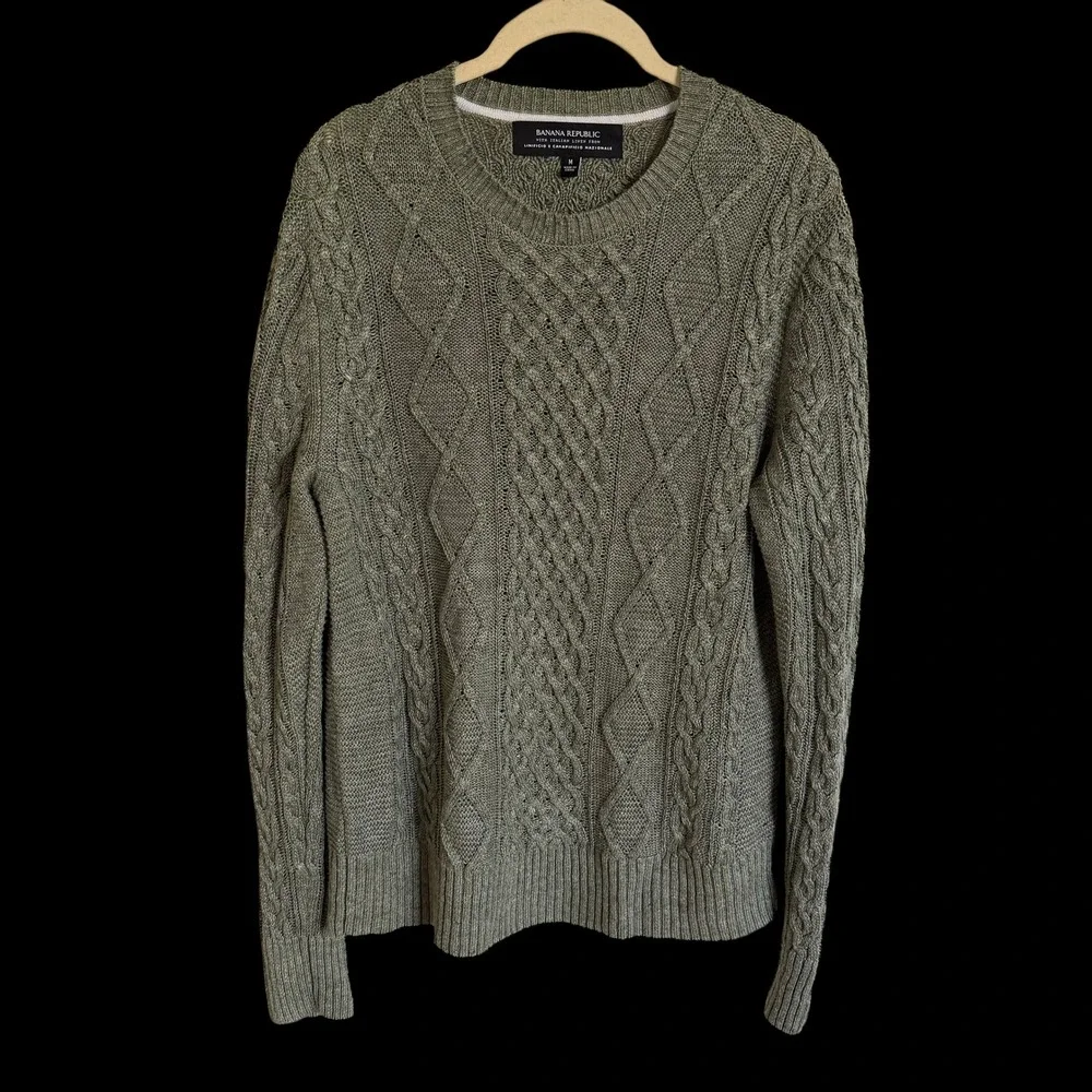 Banana Republic Mens Italian Linen Blend Cable Knit Sweater Olive Green Size M‎